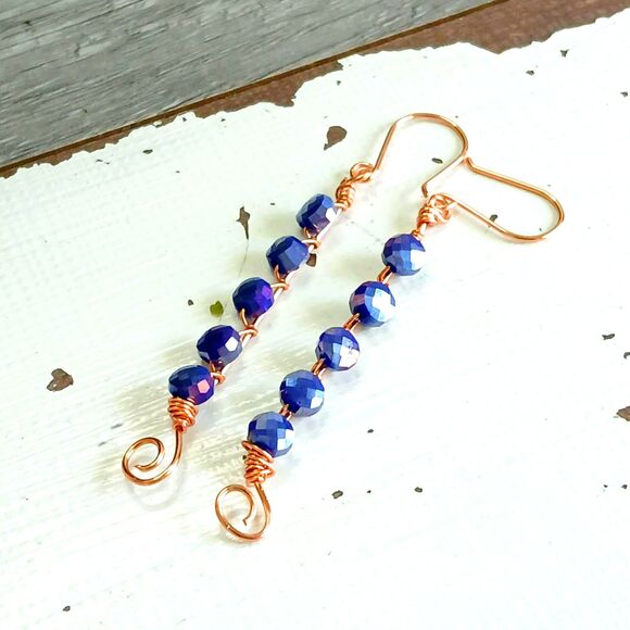 Boho Chic Cobalt Faceted Glass Beaded Dangle Earrings, Statement Earrings, 3" - Picture 3 of 6